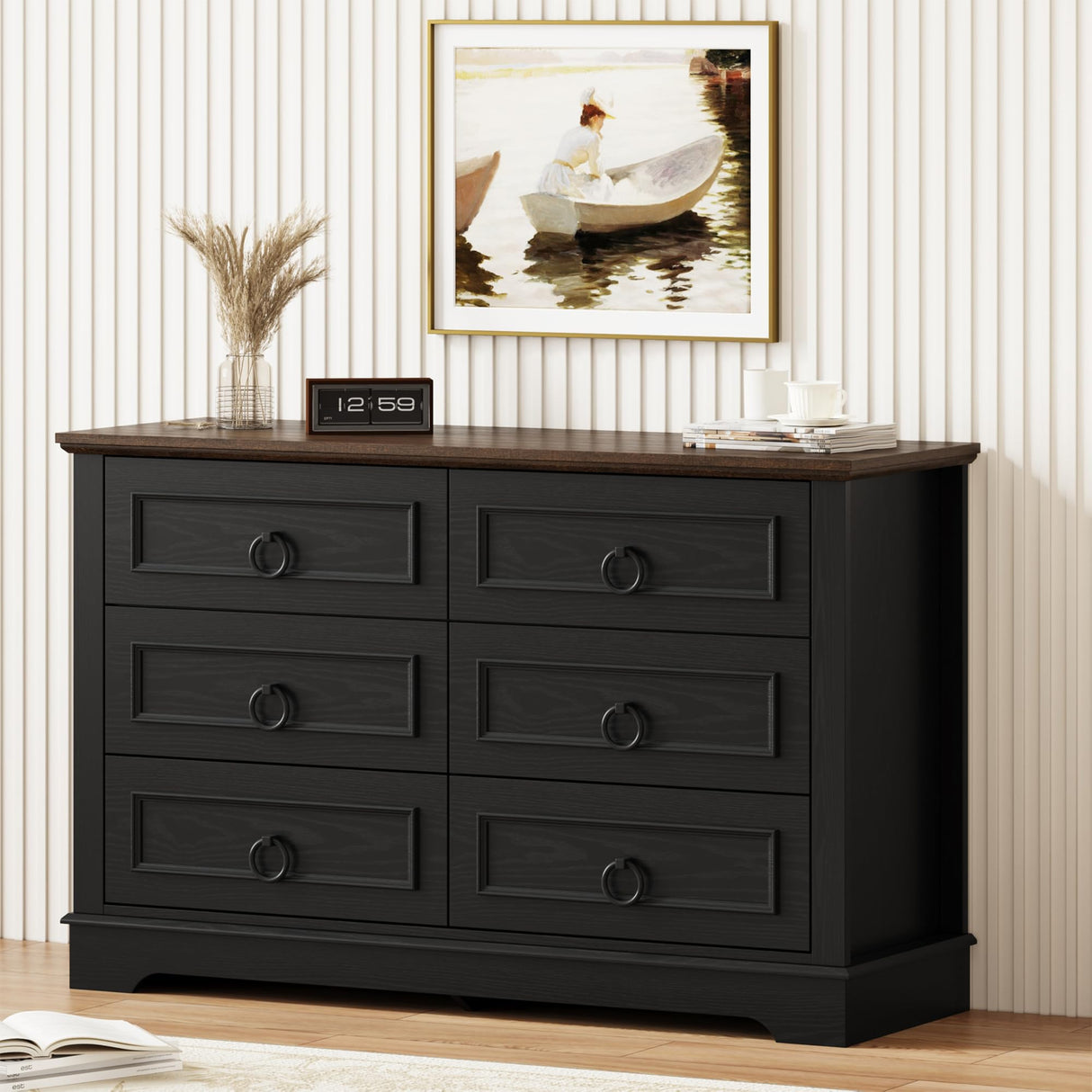 LIKIMIO Farmhouse 6 Drawers Dresser for Bedroom, 47.2" W Modern Dresser with Round Metal Handle, Thickened Desktop, Wood Rustic Chest of Drawers for Bedroom, Hallway, Entryway, Black LIKIMIO