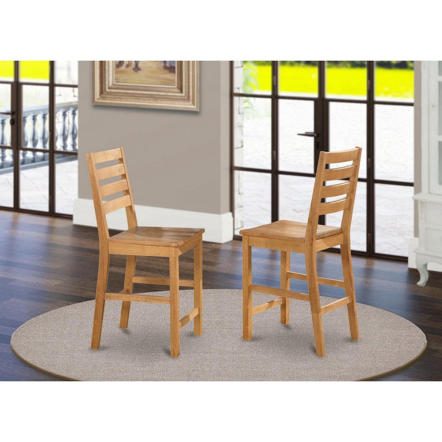 East West Furniture CFS-OAK-W Café Counter Height Dining Chairs - Ladder Back Wood Seat Chairs, Set of 2, Oak - WoodArtSupply