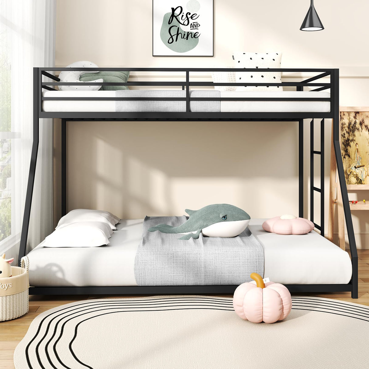 Zevemomo Twin Over Full Size Bunk Bed, Metal Low Profile Bunkbeds with Full-Length Guardrail and Ladder, Space Saving, No Boxing Spring Needed, Black Zevemomo