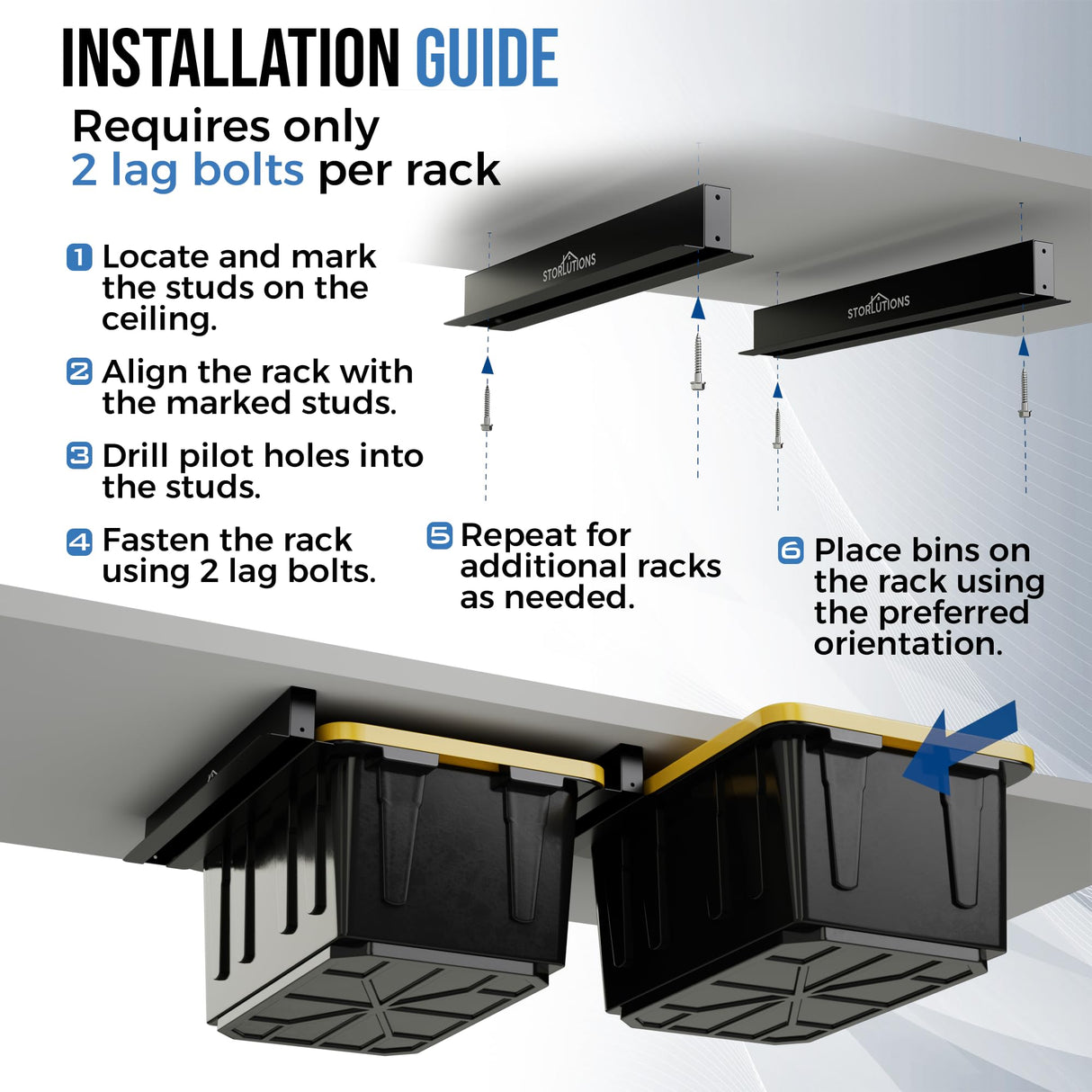 Storlutions Overhead Garage Storage Rack - For 16"-24" Stud Spacing Garage Racks -1.8mm Alloy Steel Garage Overhead Storage Racks - Garage Hanging Storage Rack Expandable to 5 Rows for Storage Bins Storlutions