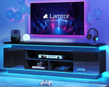 Lamtor 70 Inch TV-Stand - Television Stands for 75 80 85 Inch TV - 2 Tier Entertainment Center with 4 AC Outlets & 2 Smart RGB LED Light Strips - Media Console Table for Living Room, Pure Black Lamtor