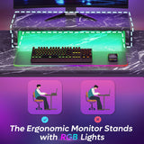 Bestier Small Gaming Desk with Monitor Stand, 42 inch LED Computer Desk, Gamer Workstation with Cup Holder & Headset Hooks, Modern Simple Style Desk for Home Office, Black Marble Bestier