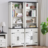Joaxswe 72in Tall Bookshelf 7 Tier Bookcase with Drawer and Barn Doors and Adjustable Shelves, White Farmhouse Book Shelf with Storage Cabinet, Wood Freestanding Display Bookshelves for Kitchen (2PCS) Joaxswe