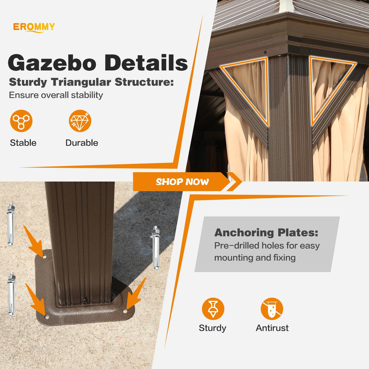 EROMMY 14'x20' Hardtop Gazebo Double Roof Galvanized Steel Canopy Outdoor Aluminum Frame Permanent Metal Pavilion with Netting and Curtains for Patio Backyard Deck and Lawns EROMMY