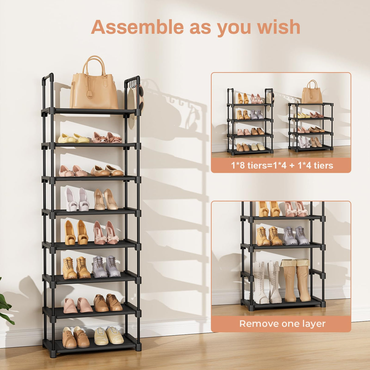 LANTEFUL Tall Shoe Rack 8 Tiers, 16-20 Pairs Shoe and Boots Organizer Storage Sturdy Shoe Shelf, Narrow Vertical Shoe Rack for Entryway, Closet, Metal Shoe Organizer with 5 Hooks LANTEFUL