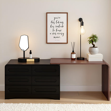 6 Drawer Dresser with Extendable Table, L-Shaped Desk Vanity Combo, 47" Wood Dresser & Chest of Drawers, Modern Closet Clothes Storage Dressers Organizer for Bedroom Living Room Hallway, Black SOLACE FURNITURE