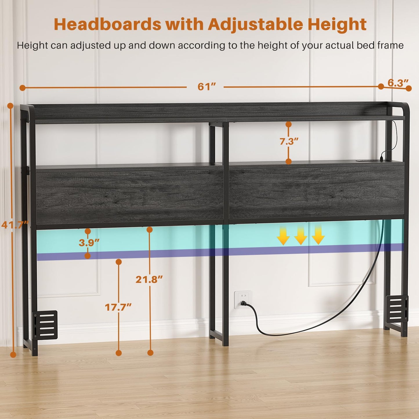 Aheaplus Queen Size Headboard with USB Ports, Outlets, LED Lights & Storage – Adjustable Black Oak Design - WoodArtSupply