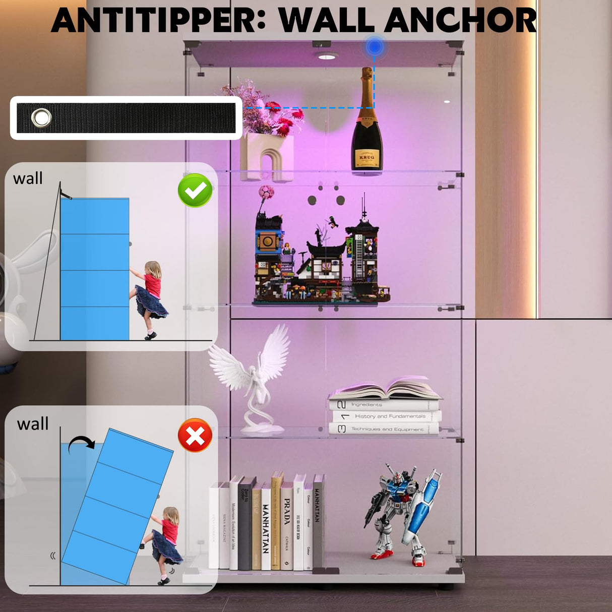 Glass Display Case for Collectibles, Double Door 4 Shelves Lockable Curio Cabinet with LED Lights, Clear Tempered Glass Showcase Cabinet for Home Office Retail Store,13.5" D x 31" W x 65" H,White Fetuero