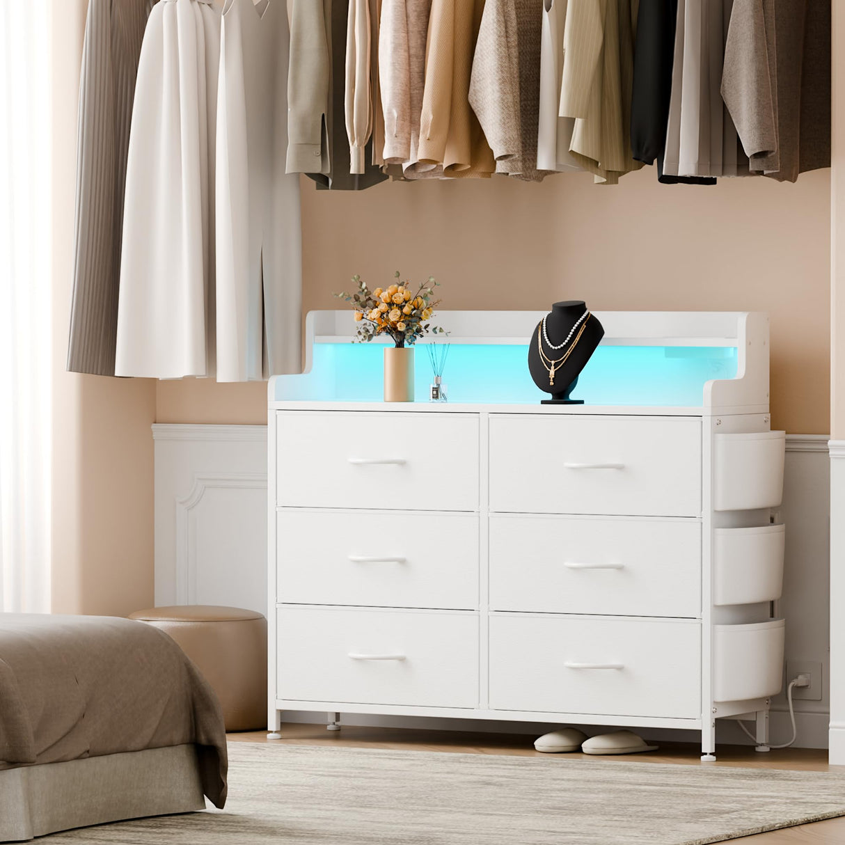 Lulive White Dresser for Bedroom 6 Drawers - Fabric Dressers for Bedroom with LED Light & Charging Station - Adults Chest of Drawers for Living Room Hallway Closet (White) Lulive