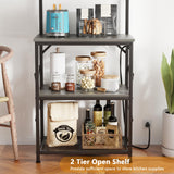 Furologee Bakers Rack with Power Outlet and LED Light, Small Coffee Bar Station with 4 Tier Shelves, Microwave Stand Table with 6 S Hooks, Kitchen Storage Rack for Spices, Pots, Black Oak Furologee
