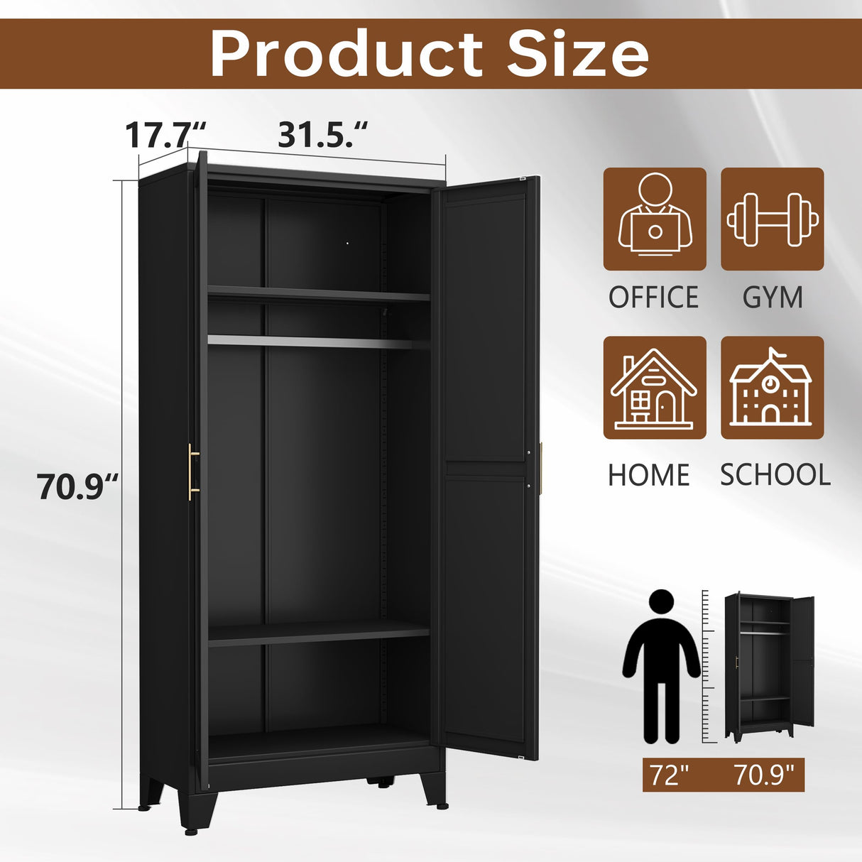 pozdeg Metal Armoire Wardrobe Closet, 71" Tall Clothing Storage Cabinet with Hanging Rods, Household Closet Organizers with Adjustable Shelves for Home Office or Gym (Black) pozdeg