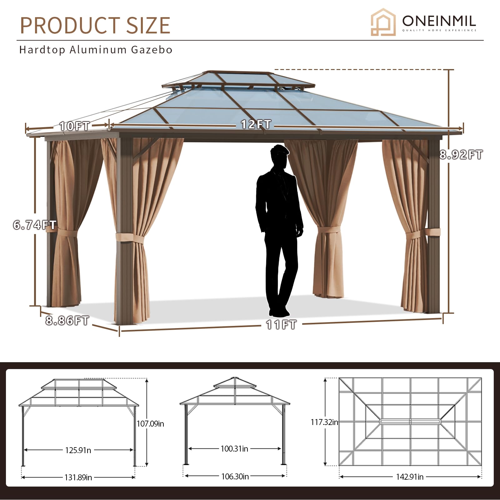 oneinmil 10x12FT Outdoor Polycarbonate Gazebo, Heavy Duty Double Roof Hardtop Gazebo with Aluminum Frame and Netting and Curtains for Patios - WoodArtSupply