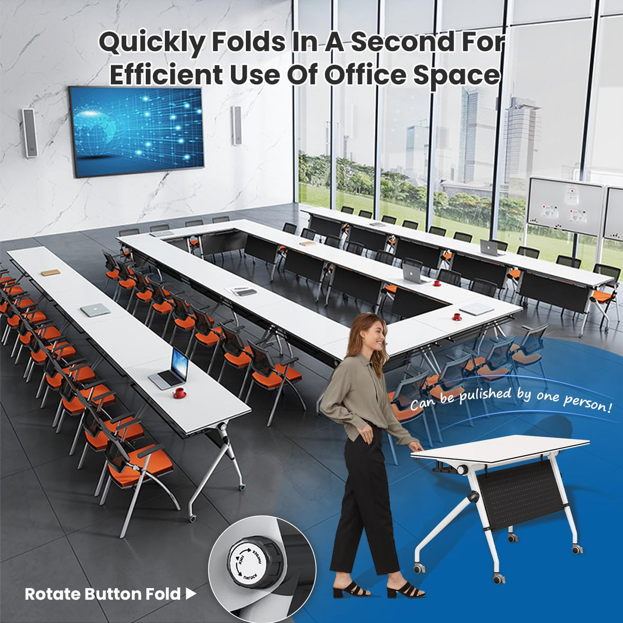 Folding Conference Table,47.2x23.6x29.5in Modern Conference Room Table Seminar Mobile Training Table,with Caster Modular Flip Top Meeting Table for Office Conference Room (White, 8 Pack) Crevew