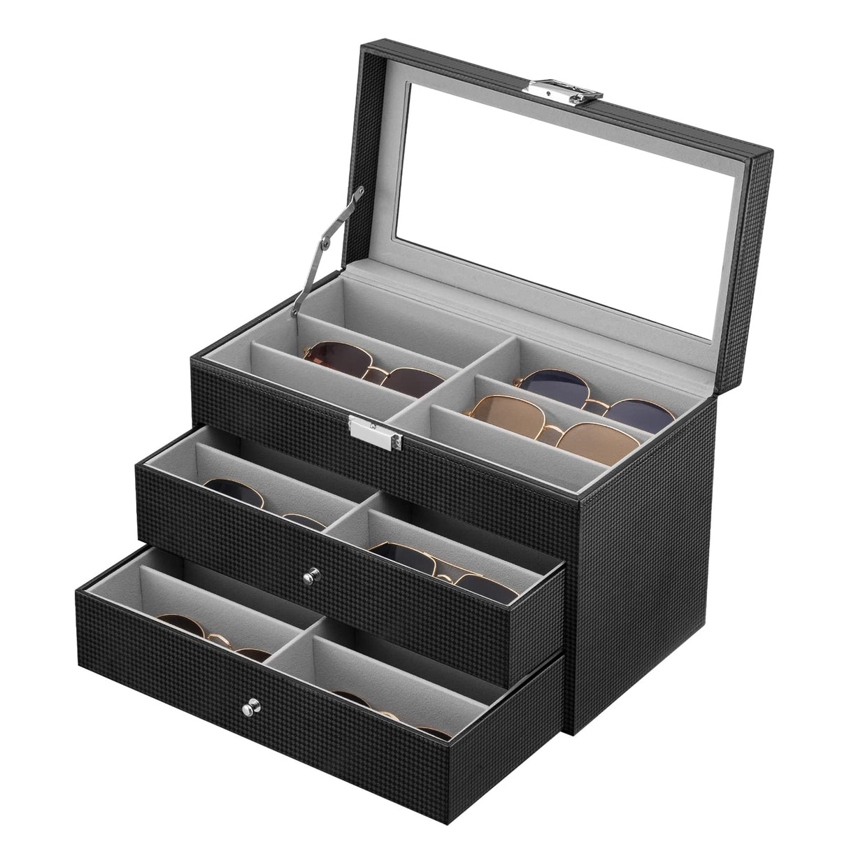 Oyydecor Sunglasses Organizer for Women Men, 3-layer 18 Slots Glasses Case Sunglass Eyeglasses Collector Eyewear Display Storage Box with Drawer Clear Glass Top, Carbon Fiber, Black Oyydecor
