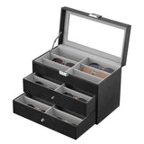 Oyydecor Sunglasses Organizer for Women Men, 3-layer 18 Slots Glasses Case Sunglass Eyeglasses Collector Eyewear Display Storage Box with Drawer Clear Glass Top, Carbon Fiber, Black Oyydecor