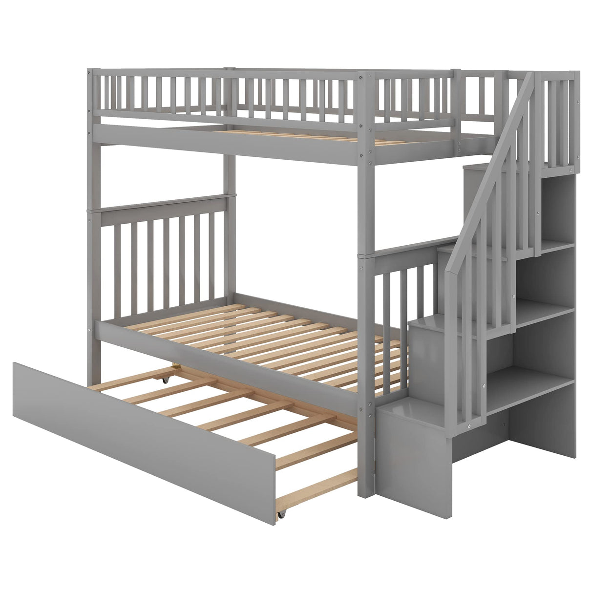 Harper & Bright Designs Twin Over Twin Bunk Bed with Stairs and Trundle, Solid Wood Stairway Bunk Bed Frame with Storage, Can be Split into 3 Separate beds, for Kids Teens Adults (Gray) Harper & Bright Designs