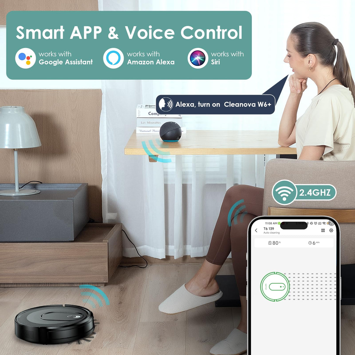 KOZVIX W6+ Robot Vacuum Cleaner,2800Pa Suction,720ml Large Capacity,120 Mins Runtime,Self-Charging Slim Robotic Vacuums,APP/Voice/Remote Control,No Entanglement Suction Port Ideal for Pet (Black) KOZVIX