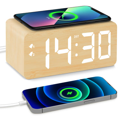 URAYCO Wood Digital Alarm Clock with 10W Fast Wireless Charger, USB Charging Ports, DST, Dimmable, Snooze, Large Number LED Display for Bedrooms, Desk, Living Room Table, Bedside, Nightstand (Bamboo)