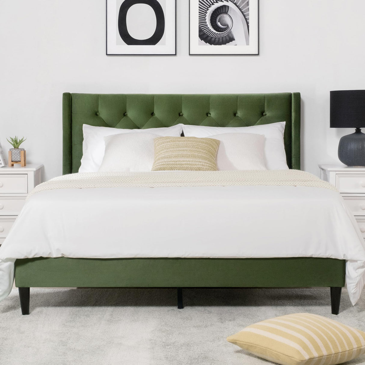 KISLOT Full Size Bed Frame, Velvet Upholstered Platform Bed Mattress Foundation, with Vertical Channel Tufted Wingback Headboard, Strong Wood Slat, No Box Spring Needed, Green KISLOT