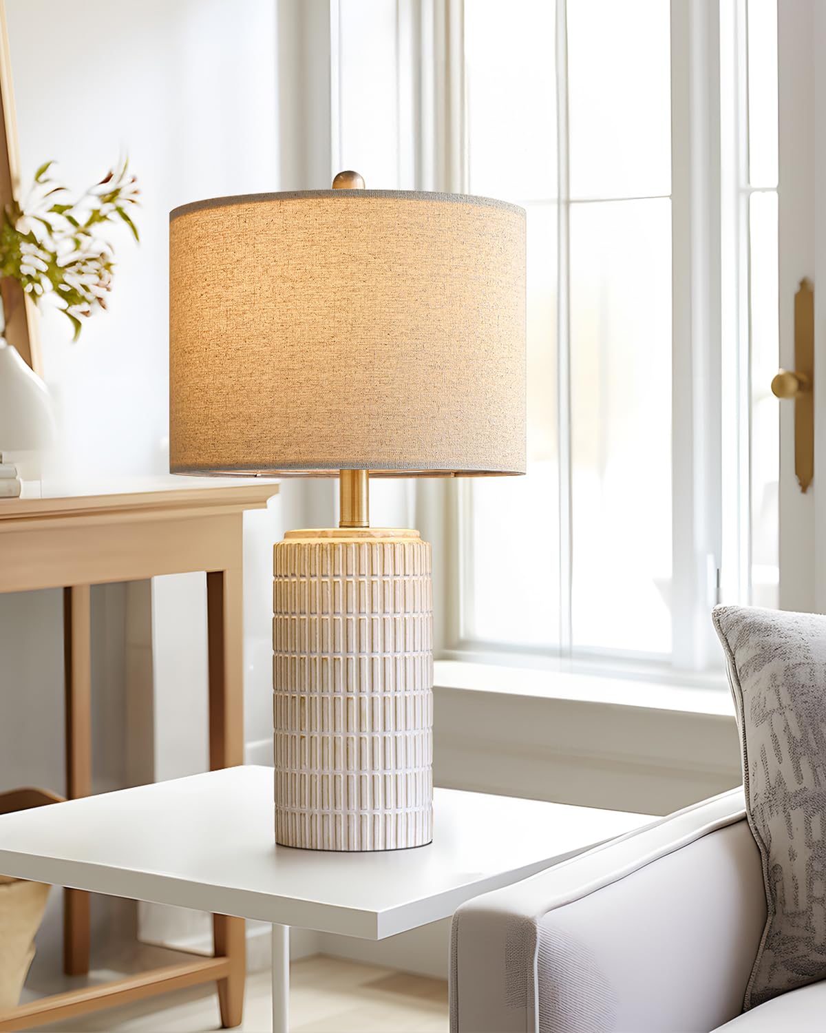 PoKat 23'' Bedside Table Lamp for Bedroom Nightstand - Ceramic Lamp for Living Room, White Night Stand Light Lamp with Round Linen Shade, Modern Bedroom Lamp Beige PoKat