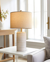 PoKat 23'' Bedside Table Lamp for Bedroom Nightstand - Ceramic Lamp for Living Room, White Night Stand Light Lamp with Round Linen Shade, Modern Bedroom Lamp Beige PoKat
