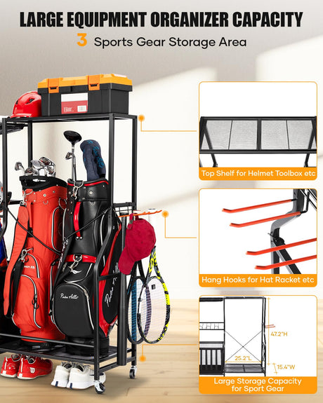 EXTCCT Garage Sports Equipment Organizer with Wheels - Golf Bag Storage Rack and Ball Storage Bins, Heavy Duty Rolling Garage Organizer System with Basket and Hooks for Indoor/Outdoor Sports Gear EXTCCT