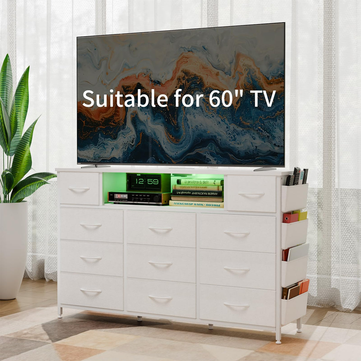 Fixwal White Dresser for Bedroom with Power Outlets and LED Lights 11 Drawers Dresser with Side Pocket for Kids Bedroom, Fabric Chest of Drawers, for 60inch TV Long Dresser Storage Organizer Fixwal