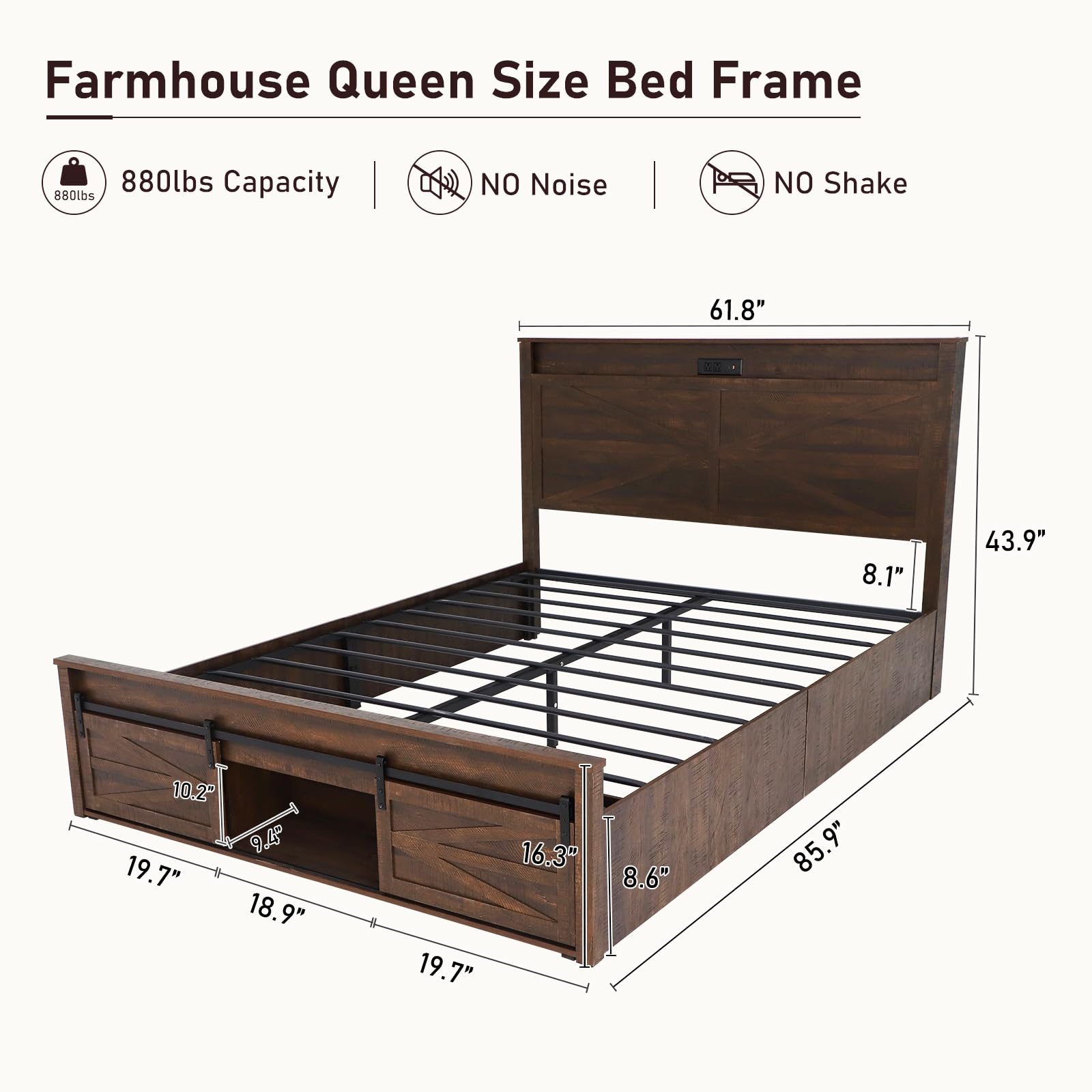 Hlivelood Rustic Farmhouse LED Queen Bed Frame with Sliding Barn Door Storage & Charging Station - WoodArtSupply