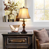 Touch Control Traditional Table Lamp Set of 2, Vintage Bedside Lamps with Dual USB Charging Ports, 3-Way Dimmable Bronze Finish Desk Lamps with Bell Shape Faux Silk Shade for Living Room, Bedroom PARTPHONER