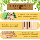 4-in-1 Butterfly House Feeder Bee House with Flower Pot, Wooden Butterfly Houses for The Garden, Butterfly Feeders for Outdoors, Natural Butterfly Garden Kit Habitat for Outside Beyoogeem