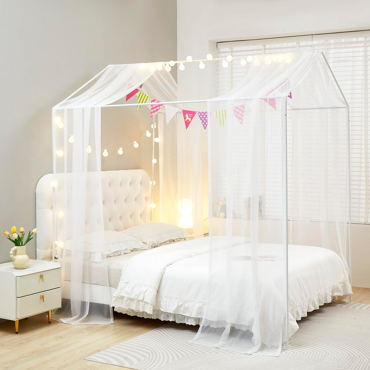 Mengersi House Bed Canopy Bed Curtains with Lights,Montessori Floor Bed Canopy for Girls Boys,Four Poster Bed Curtains House Bed Decoration (Twin/Twin XL, White) Mengersi