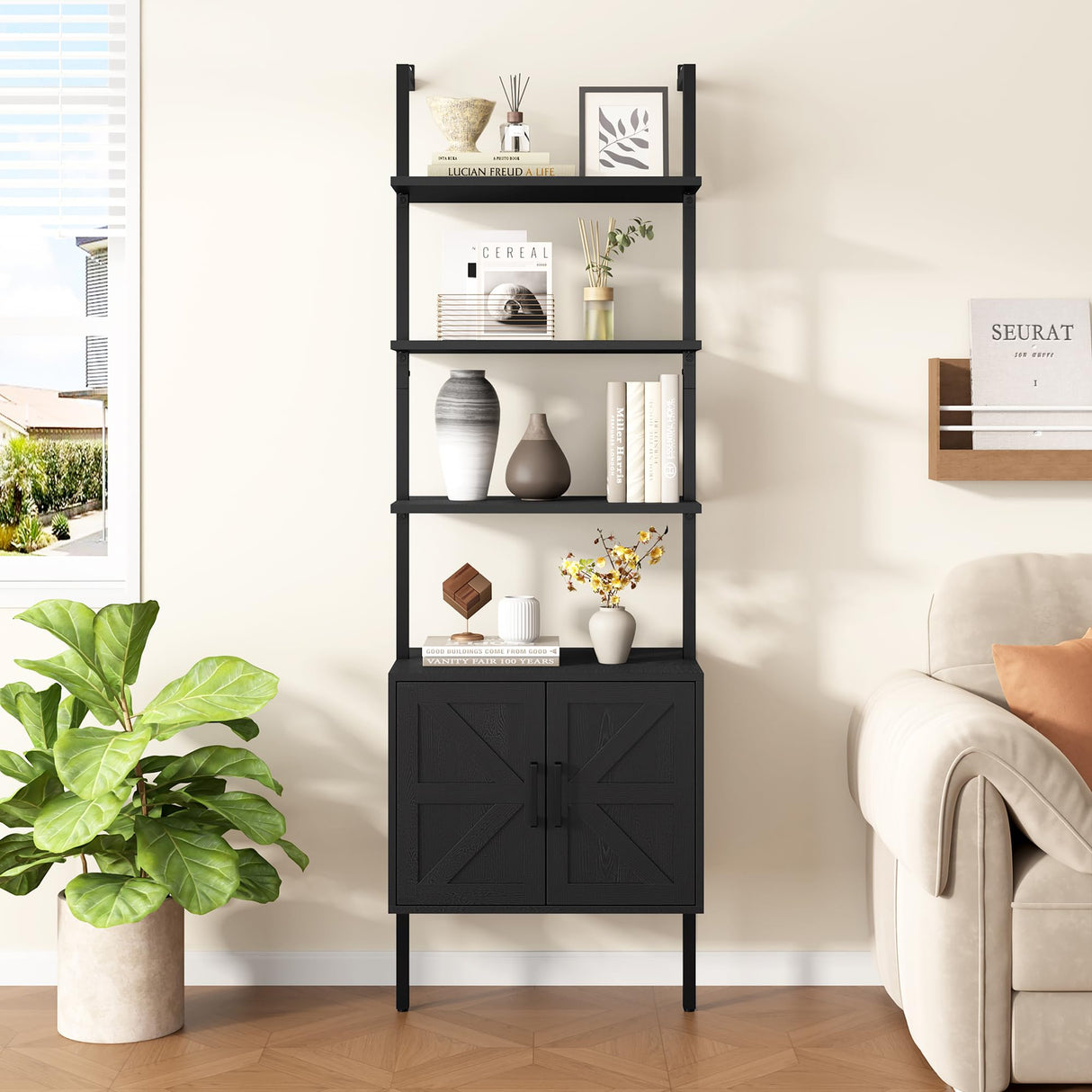 Yusong 73" Tall Bookshelf with Cabinet, Industrial Ladder Wall Mount Shelf Farmhouse Bookcase with Wood and Metal Frame, Plant Shelf Wall Storage Display for Living Room Bedroom, Farmhouse Black Yusong