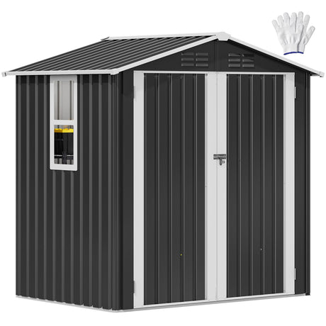 DWVO 6x4ft Outdoor Storage Shed with Window, Metal Lockable Metal Garden Shed with Sloped Roof for Tools, Bikes, Ideal for Backyard, Patio, Garage, Lawn (Gray + White) DWVO