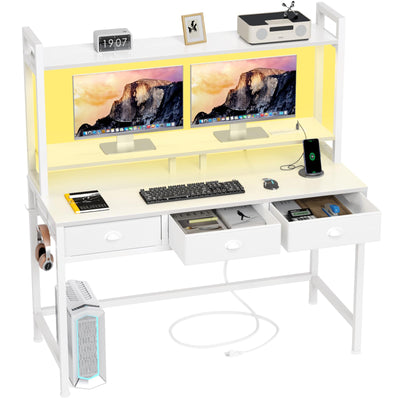 Furologee Computer Desk with 3 Drawers, 47 Inch Home Office Desks with Power Outlet and LED Light, Gaming Desk with Monitor Stand and Hutch, Modern Work/Writing/Study Table for Bedroom, White