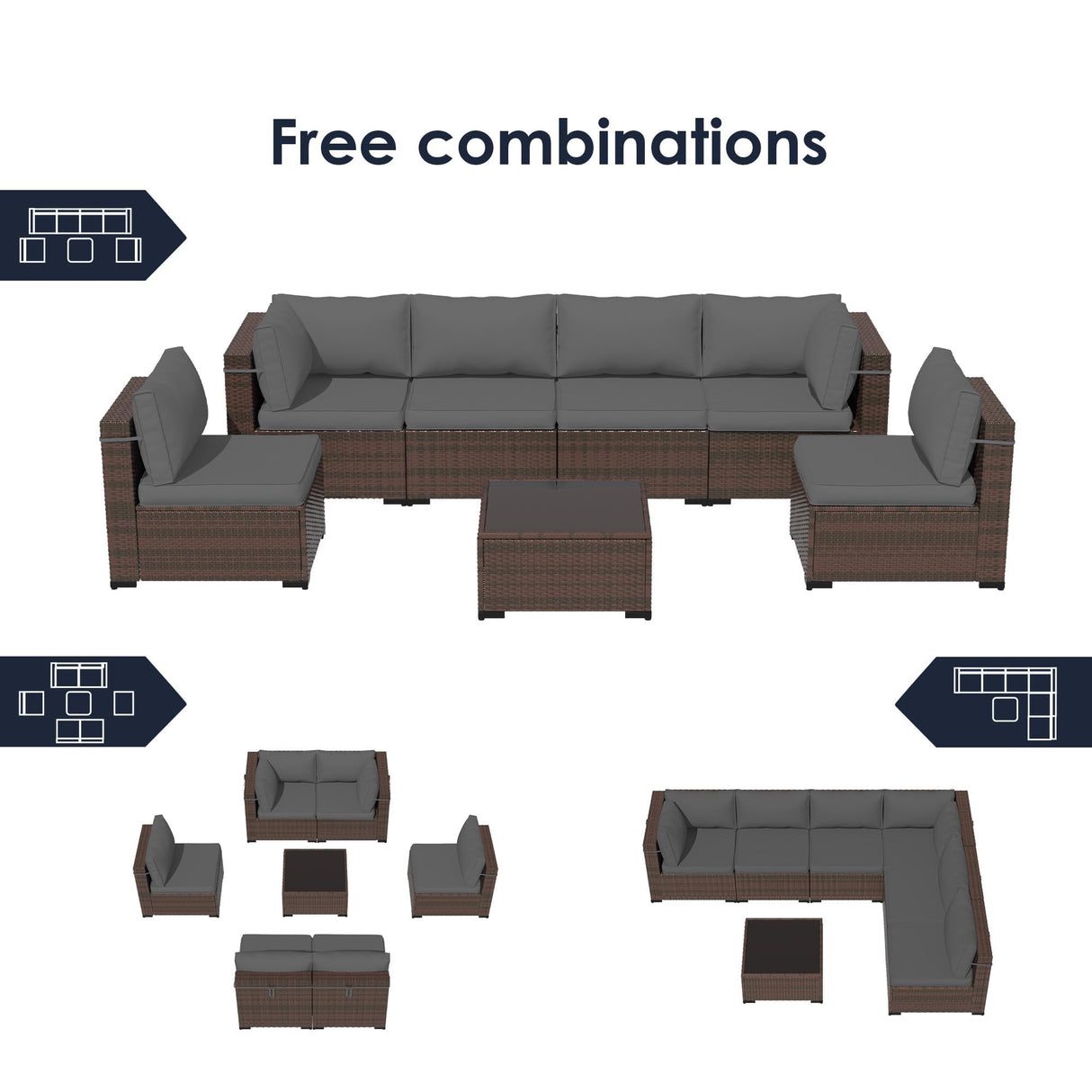 Amopatio 7 Pieces Patio Furniture Set, Outdoor Furniture Sectional Rattan Sofa Sets, Patio Couch with Glass Coffee Table for Backyard Garden (Grey) Amopatio