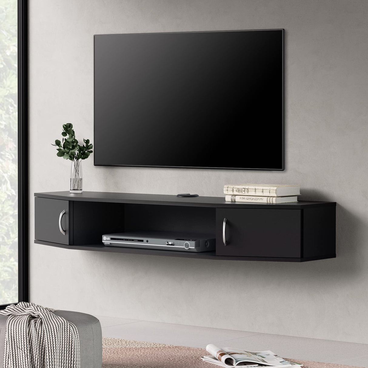 FITUEYES Floating TV Stand Wall Mounted TV Shelf with Door Wood Media Console Entertainment Center Under TV Floating Cabinet Desk Storage Hutch for Home and Office Black FITUEYES
