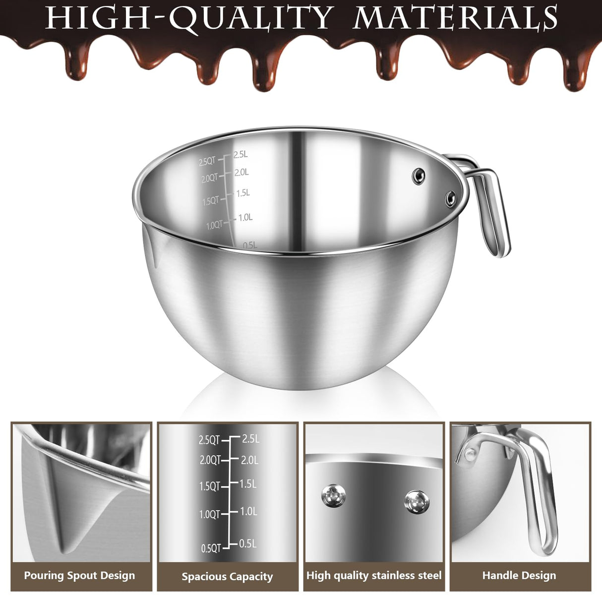 Artcome 304 Stainless Steel Double Boiler Set - 2.6QT Melting Bowl with Scale and Handle - 4.2QT Dual-Handle Pot - Stackable Water Bath Melting Pot Set for Butter, Chocolate, Wax, Sugar, Candle Artcome