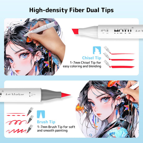 HOTU Alcohol Markers Brush Tip -60 Virant Colors Daul Tips Art Markers Set, for Artist Adults Coloring Illustrations, with Seamless Blending, Colorless Blender, Anti-Bleeding Pad, &Premium Ink HOTU