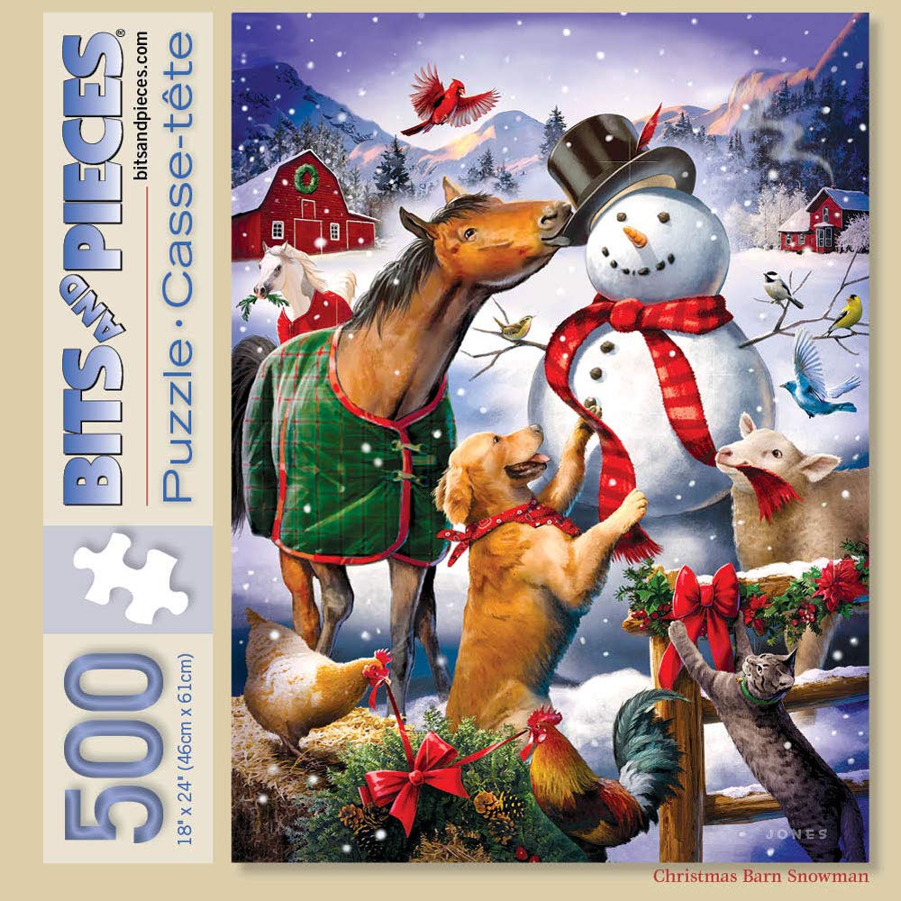 Bits and Pieces – 500 Piece Jigsaw Puzzle for Adults – Christmas Barn Snowman - Animal Winter Scene Jigsaw Puzzle by Artist Larry Jones, Completed Puzzle Size: 18" x 24"