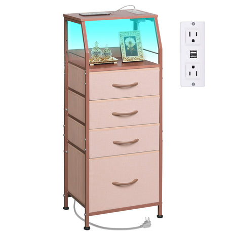 WLIVE 4 Drawer Dresser for Bedroom, 37" H Nightstand with Charging Station and Led Light, Tall Night Stand Bed Side Table, End Table with USB Ports and Outlets, Fabric Bins, Wood Shelf, Pink WLIVE