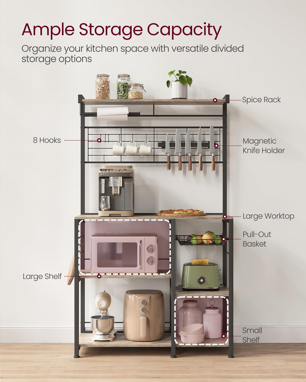 VASAGLE Greige and Black Bakers Rack with Magnetic Knife Holder, Paper Towel Holder, Wire Basket, and 8 Hooks for Organised Kitchen Storage VASAGLE