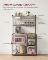 VASAGLE Greige and Black Bakers Rack with Magnetic Knife Holder, Paper Towel Holder, Wire Basket, and 8 Hooks for Organised Kitchen Storage VASAGLE