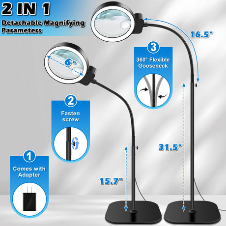 30X 10X Large Floor Magnifying Glass with Light and Stand,72 LED Flexible Gooseneck Floor Magnifying Lamp,2 in 1 Lighted Magnifiers for Close Work, Sewing,Crafts,Hobbies（Black） HQGZQL