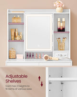 VASAGLE Vanity Desk with Power Outlets, Makeup Vanity with Mirror and Lights, Upholstered Vanity Stool, Dimmable LED Lights, 6 Compartments, 2 Drawers, for Bedroom, Cloud White URDT031W01 VASAGLE