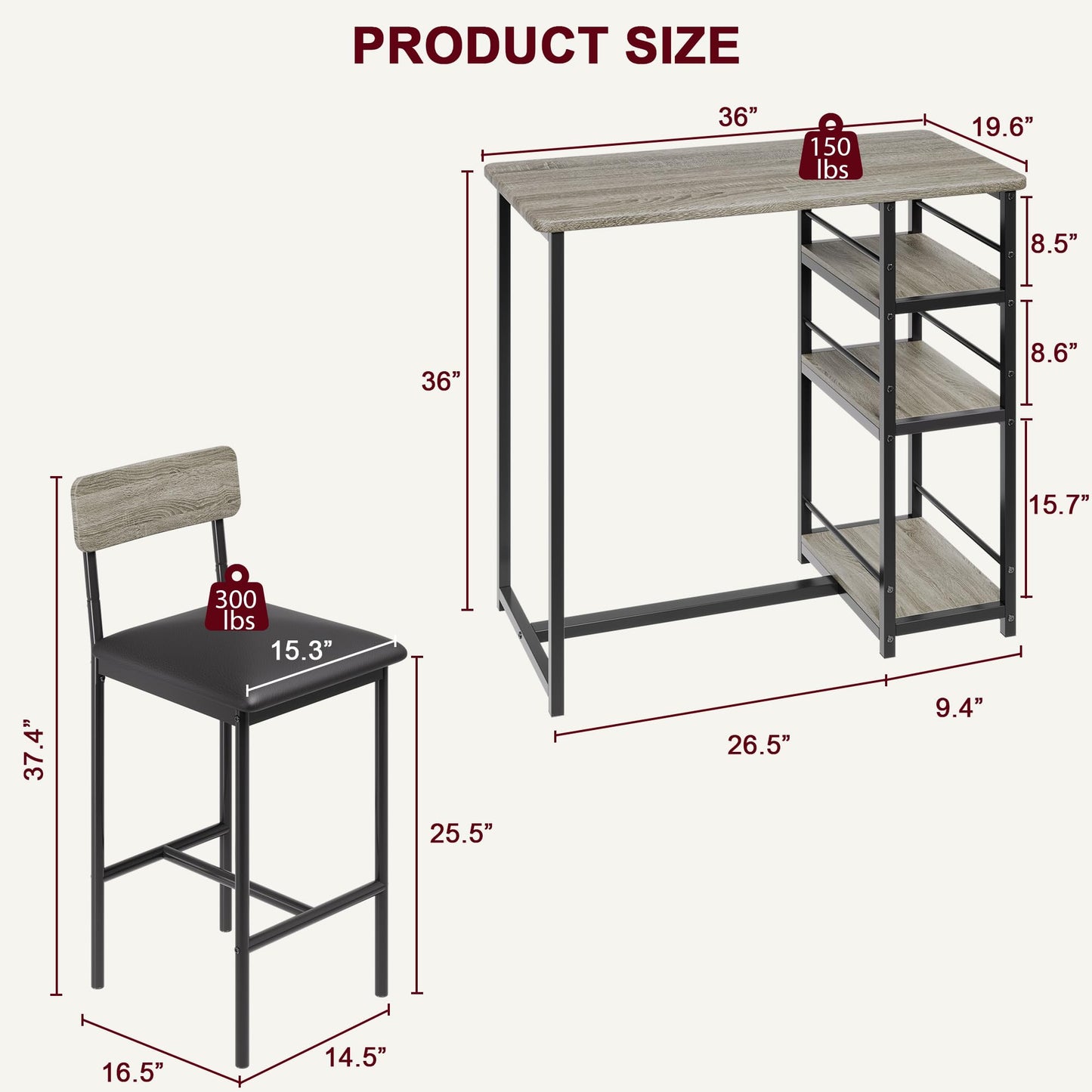 IDEALHOUSE Retro Grey 3-Piece Counter Height Dining Table Set for 2 with Upholstered Bar Stools