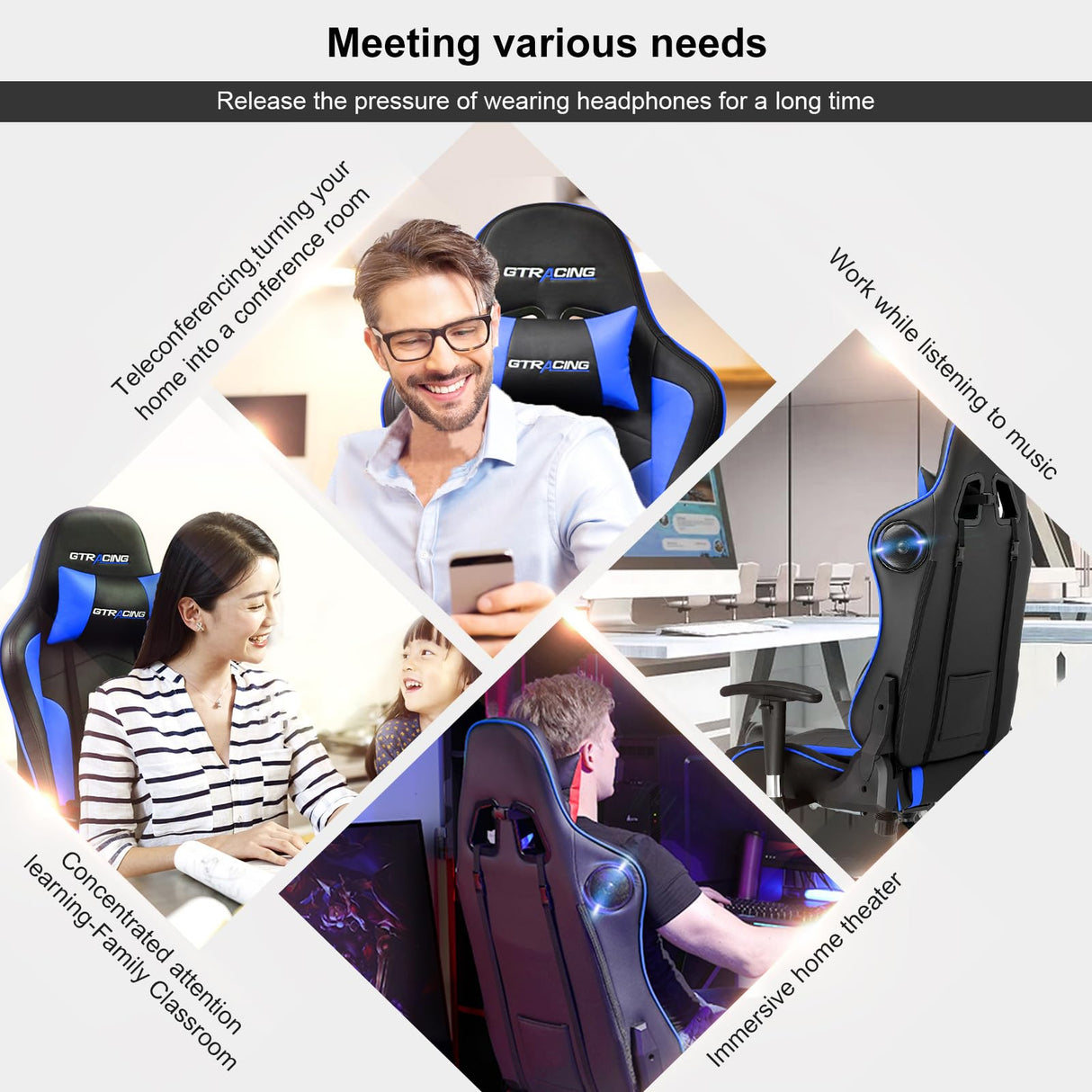 GTRACING Gaming Chair with Speakers Bluetooth Music Video Game Chair Audio Ergonomic Design Heavy Duty Office Computer Desk Chair（Blue） GTRACING