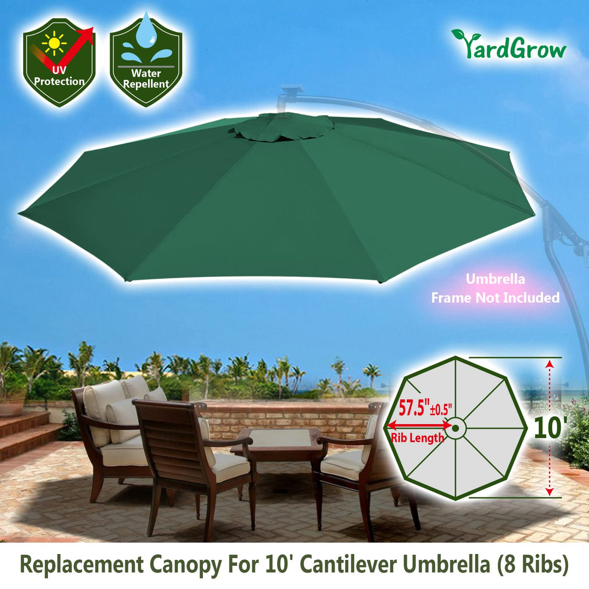 YardGrow 10ft 8 Ribs Canopy Replacement for Cantilever Umbrella, Canopy ONLY, Frame NOT Included (Green) YardGrow