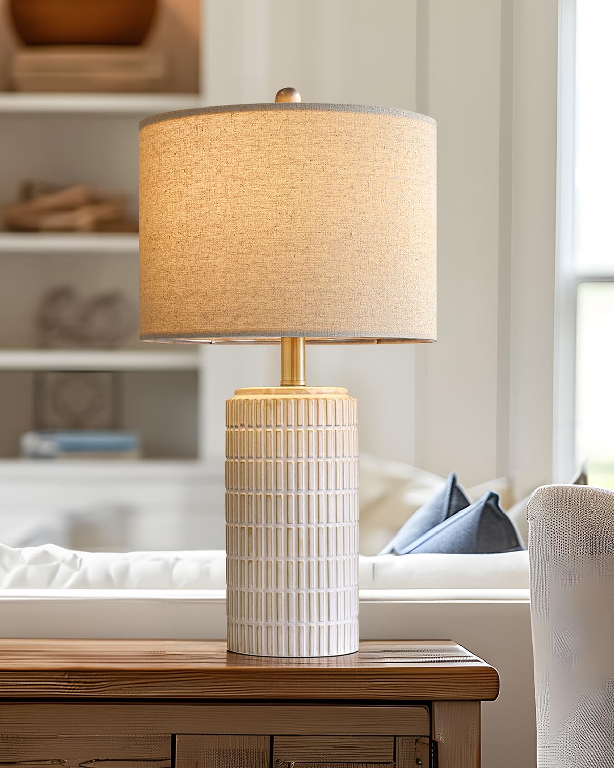 PoKat 23'' Bedside Table Lamp for Bedroom Nightstand - Ceramic Lamp for Living Room, White Night Stand Light Lamp with Round Linen Shade, Modern Bedroom Lamp Beige PoKat