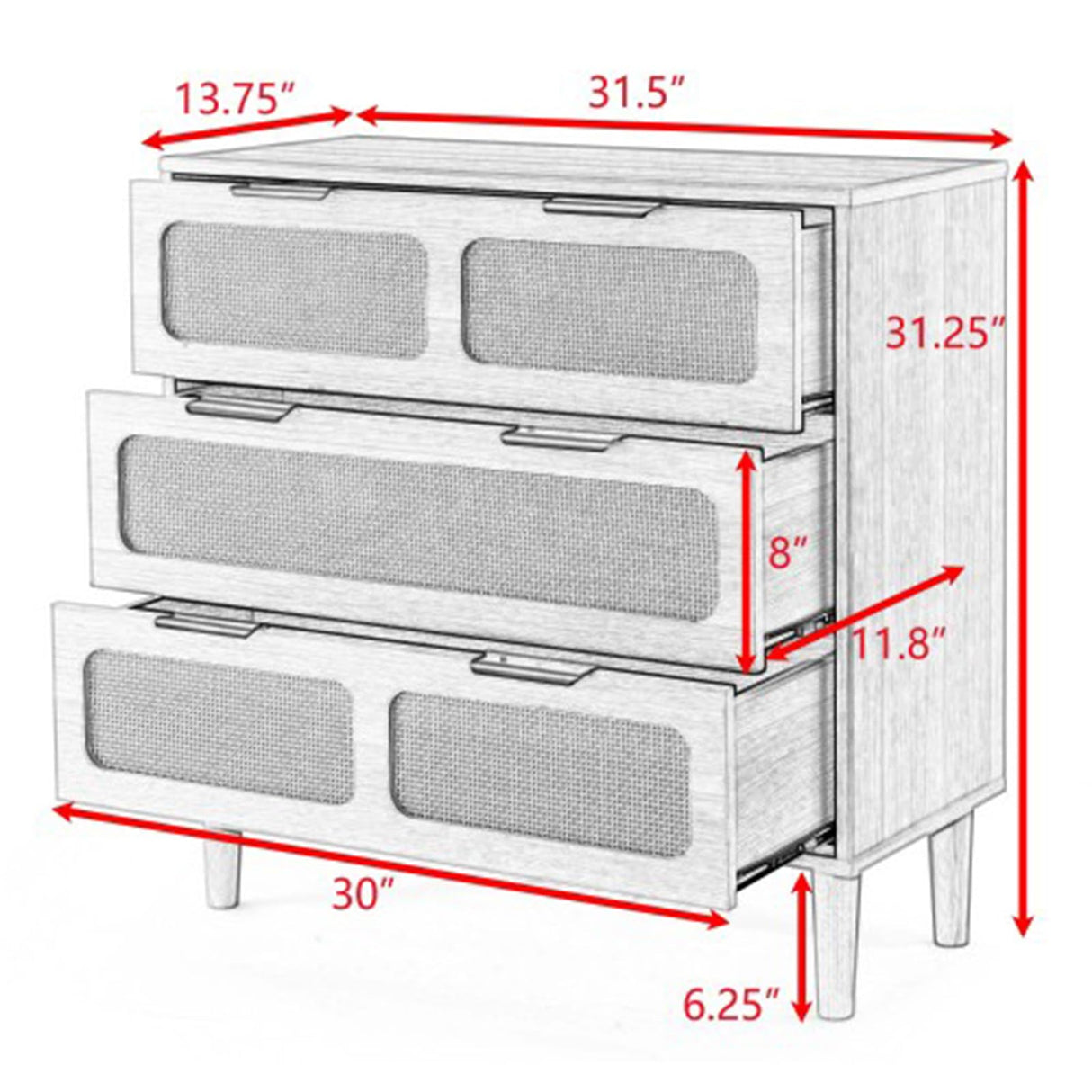 SPOFLYINN 3 Rattan Drawer Dresser with 3 Wide Drawers, Metal Handles Modern Rattan Dresser Cabinet for Bedroom, Living Room, Hallway, Entrance Farmhouse Storage Drawer Chest Walnut As Shown SPOFLYINN