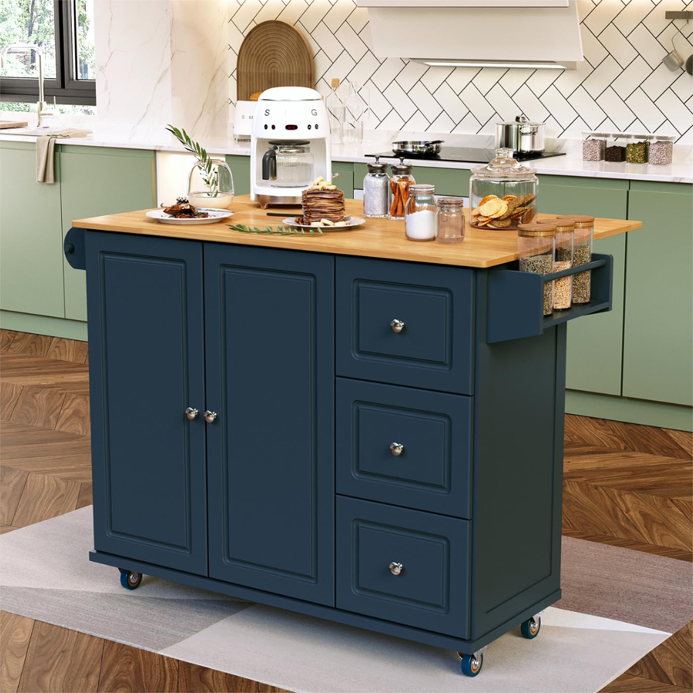 MFSTUDIO Large Rolling Kitchen Island on Wheels, Mobile Kitchen Island Cart with Drop Leaf, 3 Drawers, Wood Countertop, Portable Kitchen Island with Storage for Kitchen Dining Room, Navy Blue - WoodArtSupply